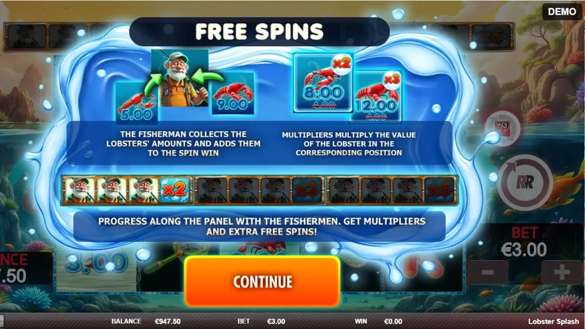 Tampilan antarmuka permainan slot Lobster Splash dengan tema bawah laut dan nelayan.