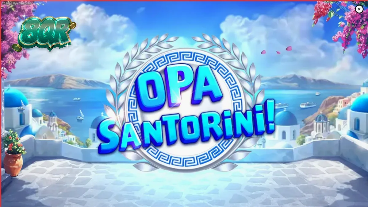 Pemandangan indah slot bertema Santorini dengan elemen visual khas Yunani